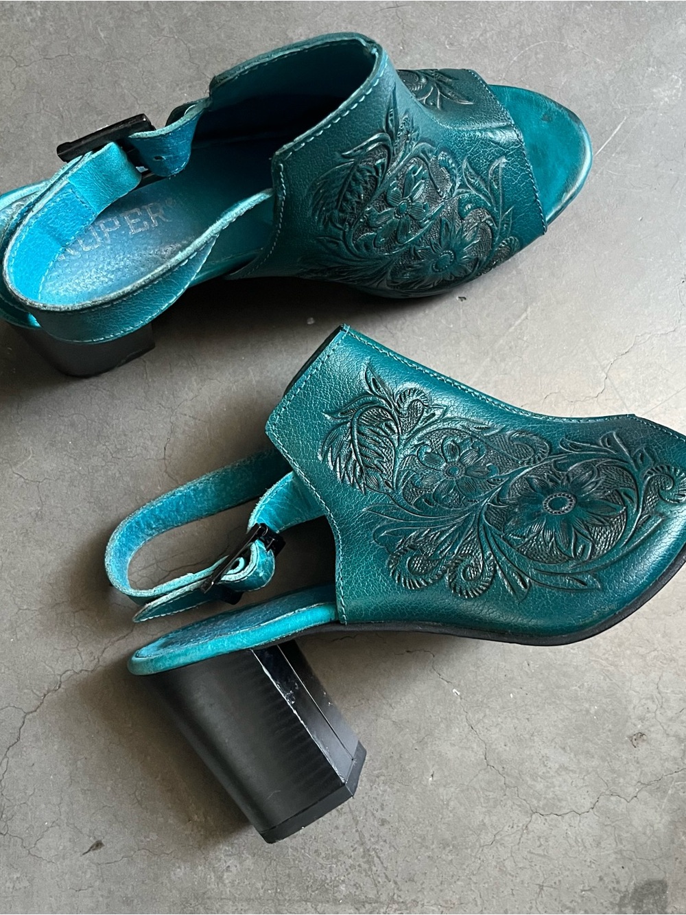 Roper Teal Embossed Leather Slingback Heels